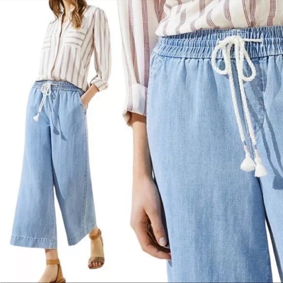 LOFT Pants - Ann Taylor LOFT Cotton Linen Draw String Wide Leg Crop Pants Size XS Dusty Blue